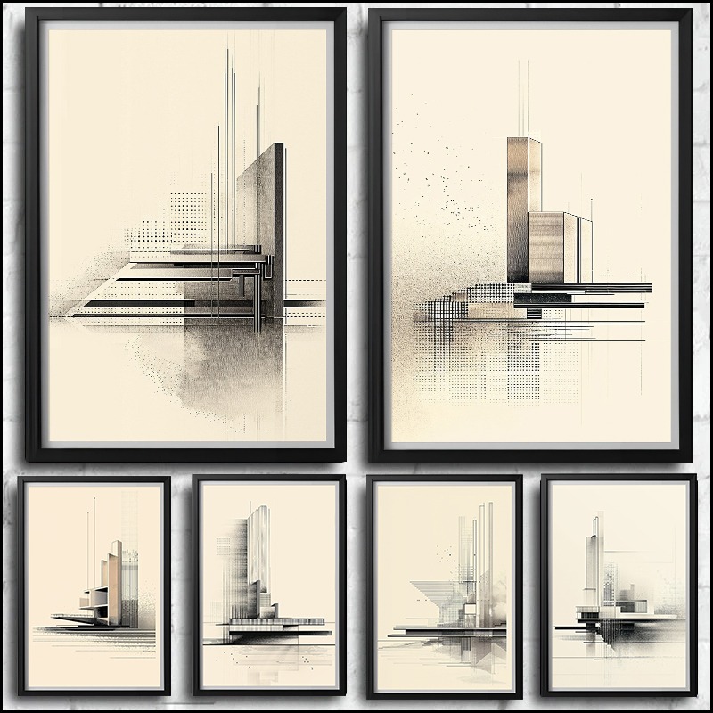 Home Office Architecture - Vintage Minimalistische Architekturzeichnung Poster Druck Leinwandgemälde