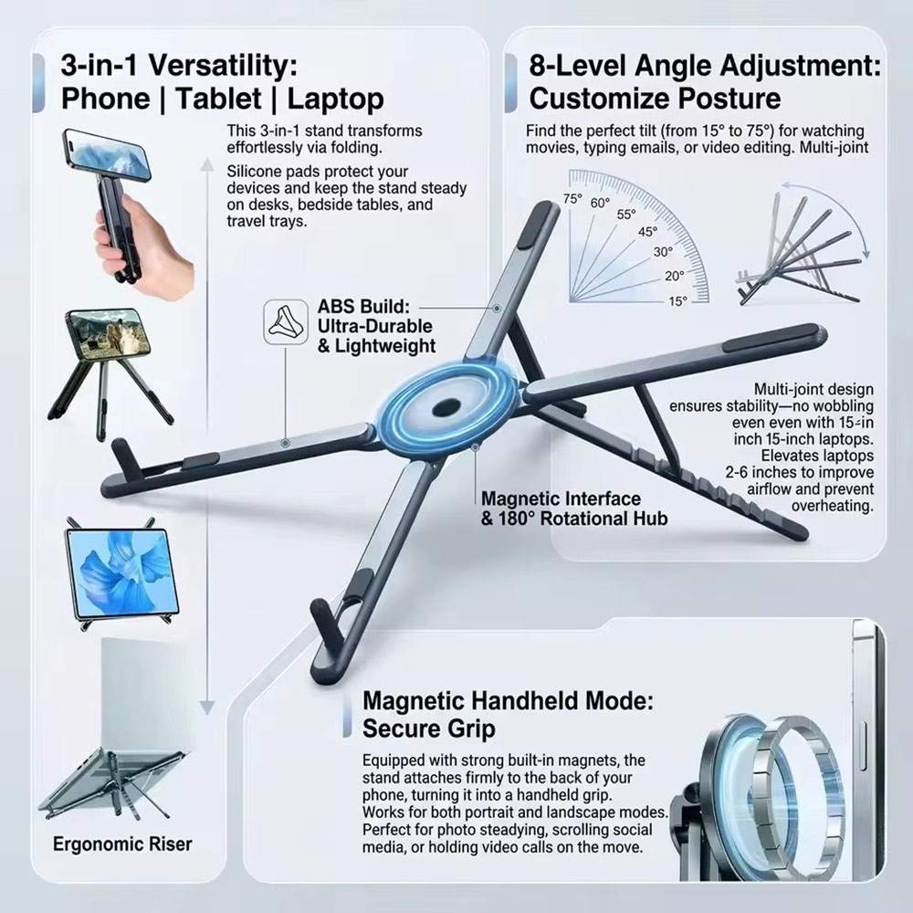 Home Office Laptop - Tragbarer Magnetischer Handyhalter & Selfie-Stick 3-in-1